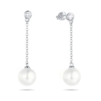 Срібні сережки пусети з перлами і фіанітами (арт. 7518/5338жб)