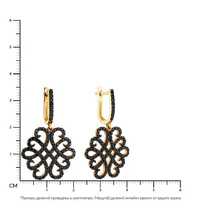 Сережки-подвески из желтого золота с черными фианитами  (арт. 102982жч)