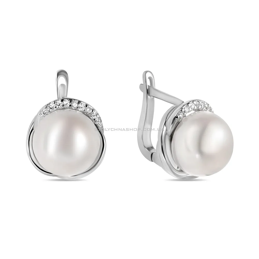 Серебряные сережки с жемчугом и фианитами (арт. 7502/4016жб) - цена