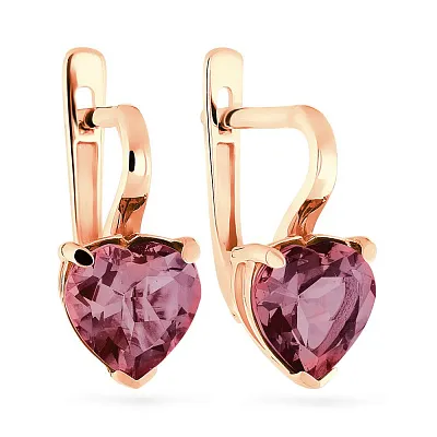 Золотые сережки «Сердечки» с розовым кварцем  (арт. 110362Пр)