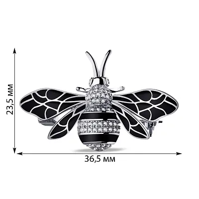 Срібна брошка з чорною емаллю та фіанітами (арт. 7505/184еч)