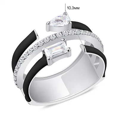 Тройное серебряное кольцо с фианитами и с черной эмалью  (арт. 7501/5937еч)
