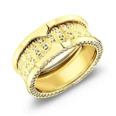 Широкое кольцо из желтого золота с фианитами (арт. 155506ж)