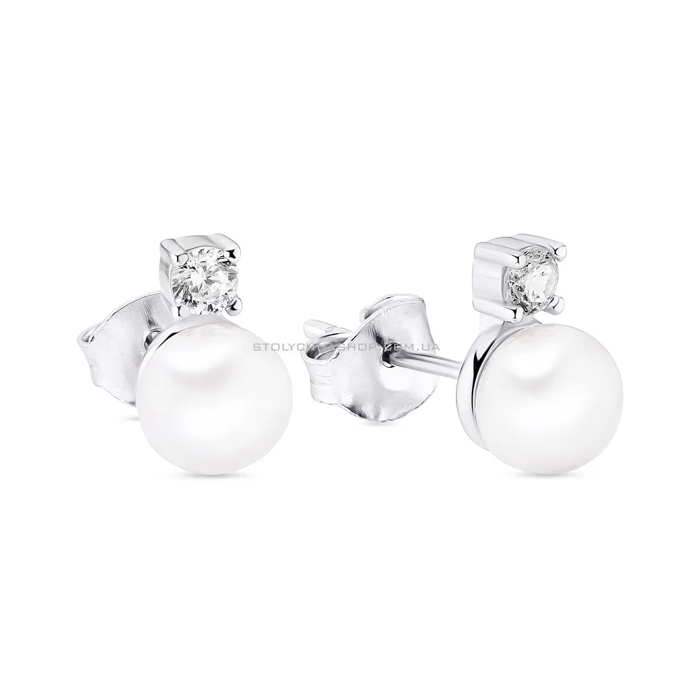 Срібні сережки пусети з перлами і фіанітами (арт. 7518/5353жб) - цена