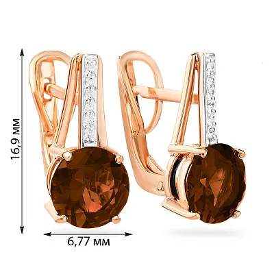 Золотые сережки с коньячным кварцем и фианитами (арт. 110394Пкр)