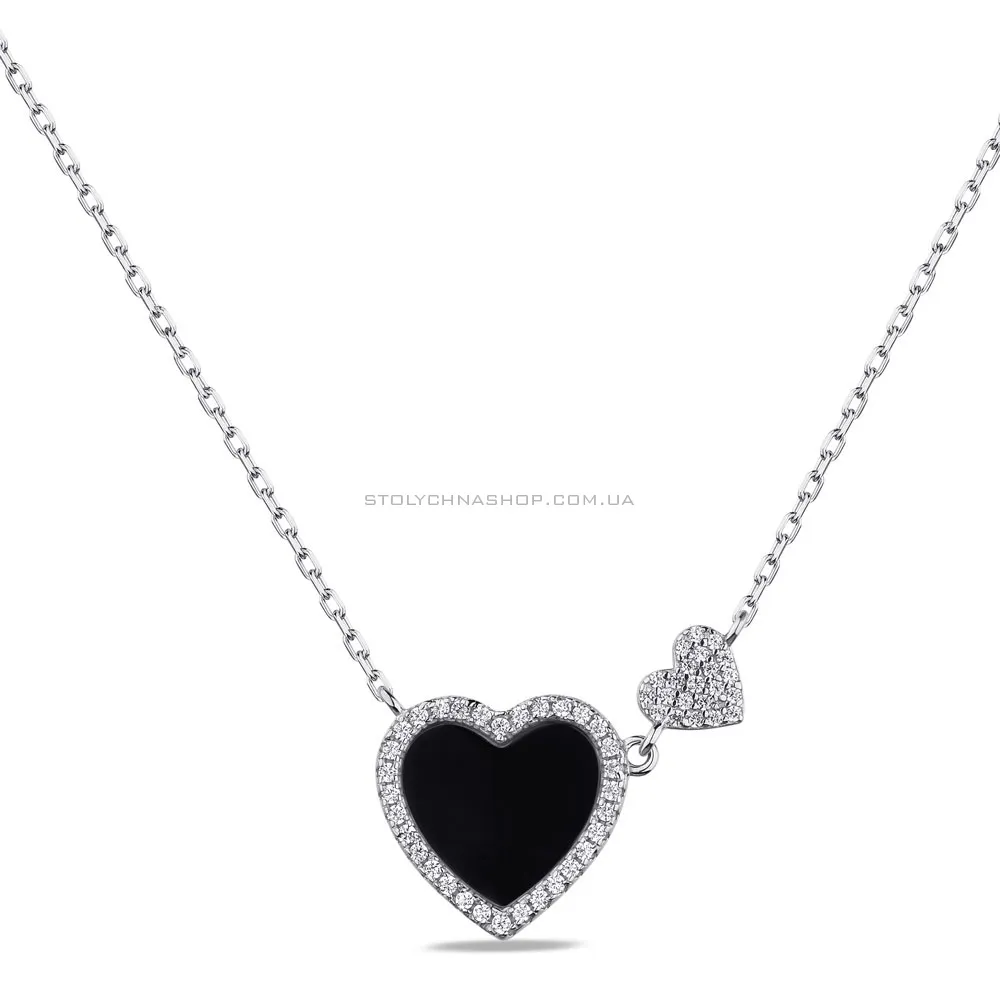 Серебряное колье Сердце с ониксом и фианитами (арт. 7507/1831о) - цена