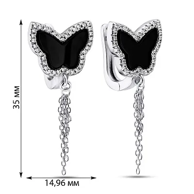Серебряные серьги подвески «Бабочки» с ониксом  (арт. 7502/3216о)
