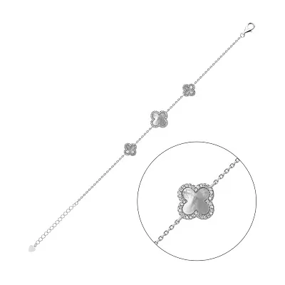 Браслет "Клевер" зі срібла з перламутром і фіанітами  (арт. 7509/3227п)