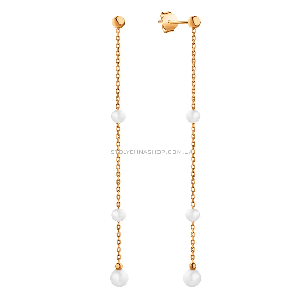 Золоті сережки-підвіски з перлами  (арт. 106808прлб)