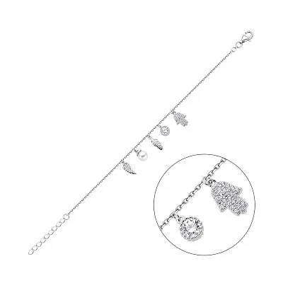 Серебряный браслет с жемчугом и подвесками  (арт. 7509/3492жб)