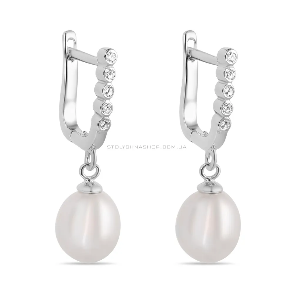 Срібні сережки з перлами і фіанітами (арт. 7502/4008жб)