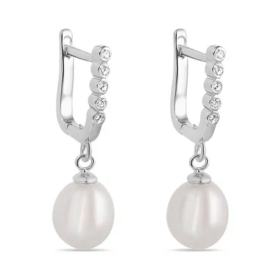 Срібні сережки з перлами і фіанітами (арт. 7502/4008жб)