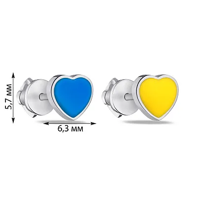 Сережки-пусети зі срібла Сердечка з синьою та жовтою емаллю (арт. 7518/797егжсю)