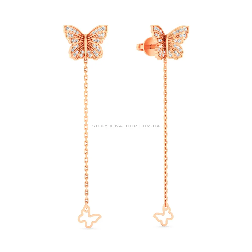 Золотые серьги-пусеты Бабочки с подвесками (арт. 111222)