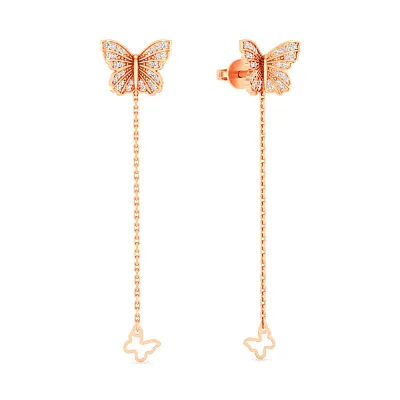 Золоті сережки-пусети Метелики з підвісками (арт. 111222)