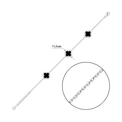 Срібний браслет Клевер з оніксом та фіанітами (арт. 7509/4225/10о)