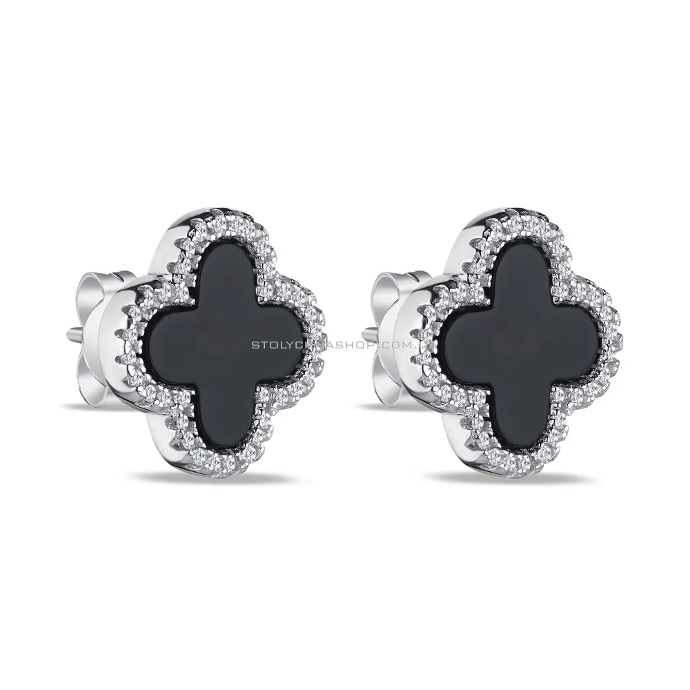 Срібні сережки-пусети "Клевер" з оніксом і фіанітами (арт. 7518/5108о) - цена