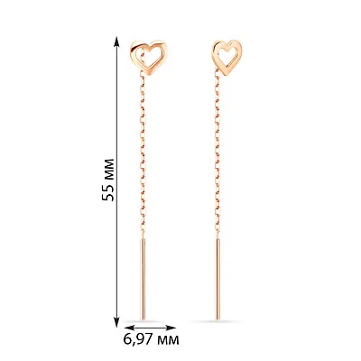 Золоті сережки-протяжки «Сердечка» в червоному  кольорі металу (арт. 106547)