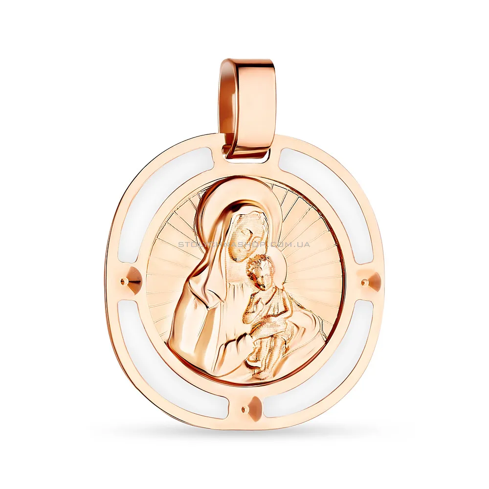 Ладанка «Діва Марія з немовлям» з червоного золота з емаллю (арт. 424206)