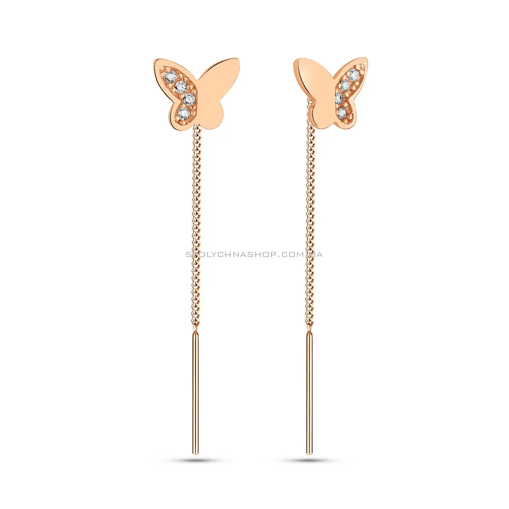 Золотые сережки-протяжки Бабочки с фианитами (арт. 109913)
