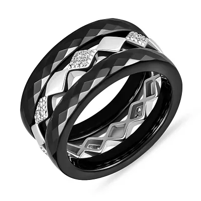Кольцо из серебра и черной керамики с фианитами  (арт. 7501/1629ч008а)