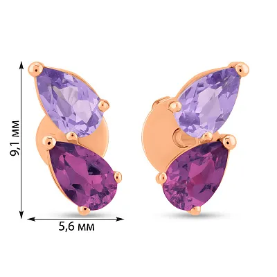 Сережки-пусети з червоного золота з гранатом і аметистом (арт. 111234Пгра)