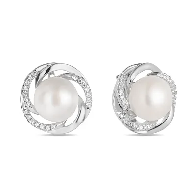 Срібні сережки з перлами і фіанітами (арт. 7502/4022жб)