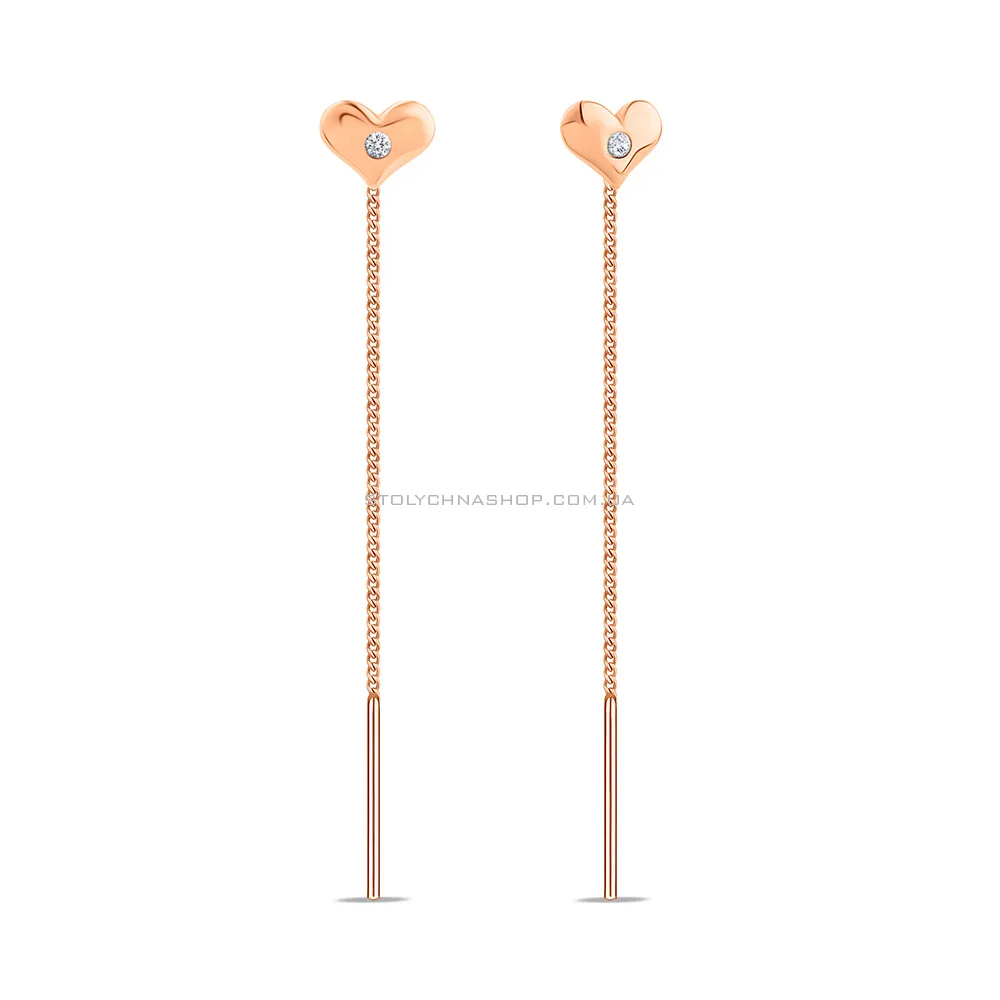 Сережки протяжки з золота Серце з фіанітами (арт. 1091116)