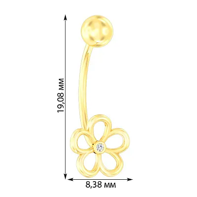 Золота сережка-пірсинг для пупка «Квітка» з фіанітом (арт. 360086ж)