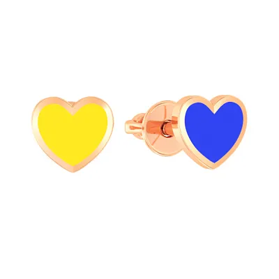 Сережки-пусети з золота &quot;Сердечка&quot; з синьою і жовтою емаллю  (арт. 111201есж)