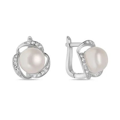 Срібні сережки з перлами і фіанітами (арт. 7502/4009жб)