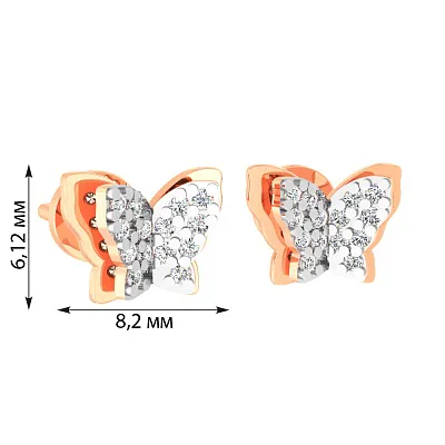 Золотые серьги пусеты «Бабочки» с фианитами (арт. 110456)