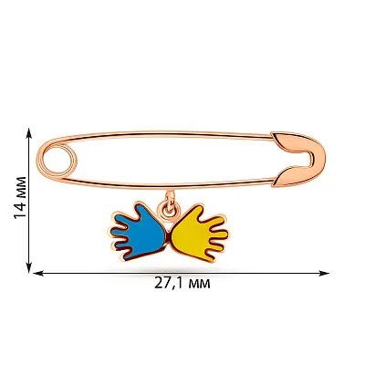 Золота шпилька "Долоньки" з синьою і жовтою емаллю  (арт. 360130есж)