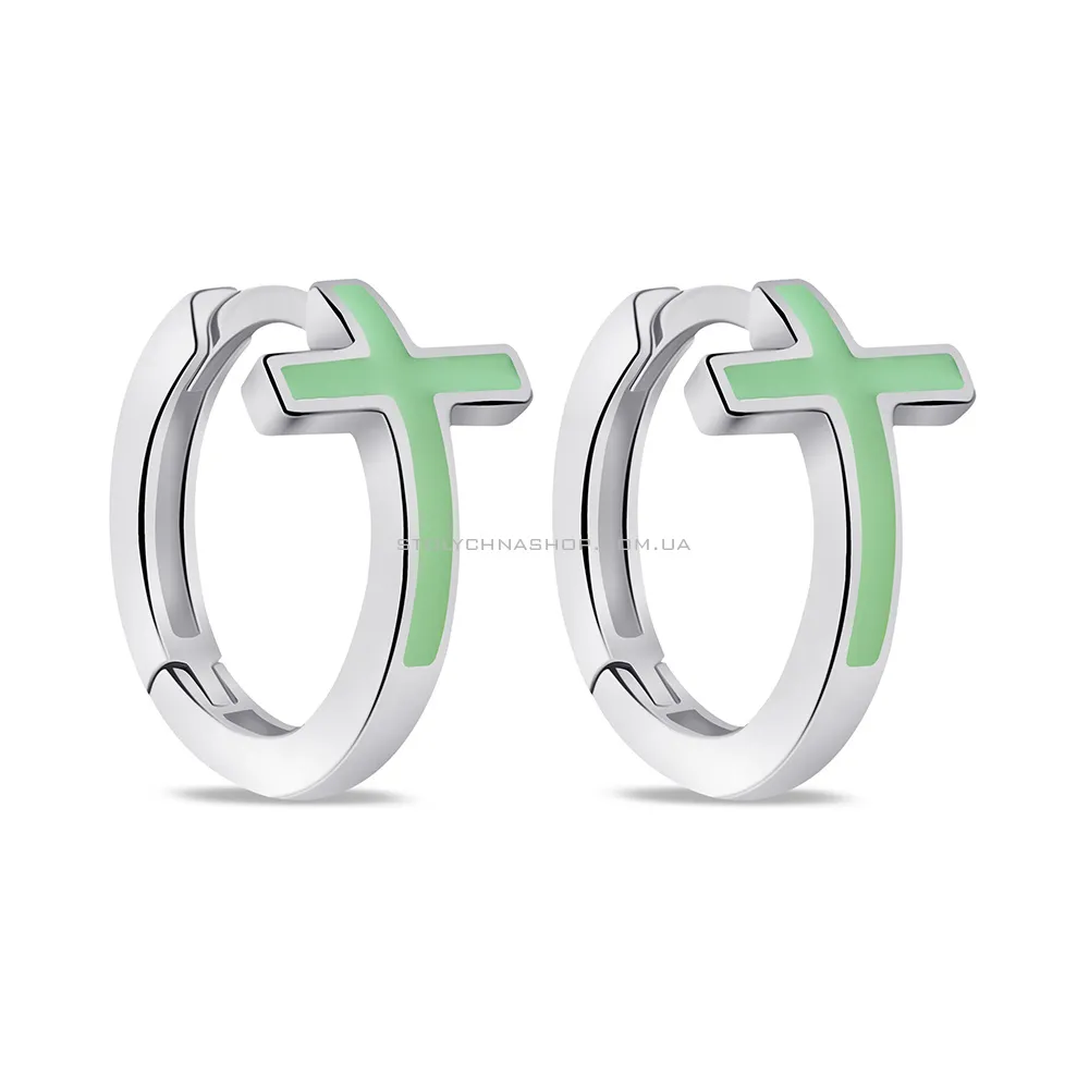 Серебряные серьги-кольца Крестики с зеленой эмалью (арт. 7502/1025езсю) - цена