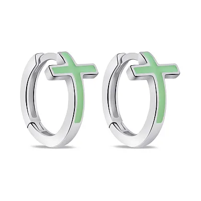 Серебряные серьги-кольца Крестики с зеленой эмалью (арт. 7502/1025езсю)