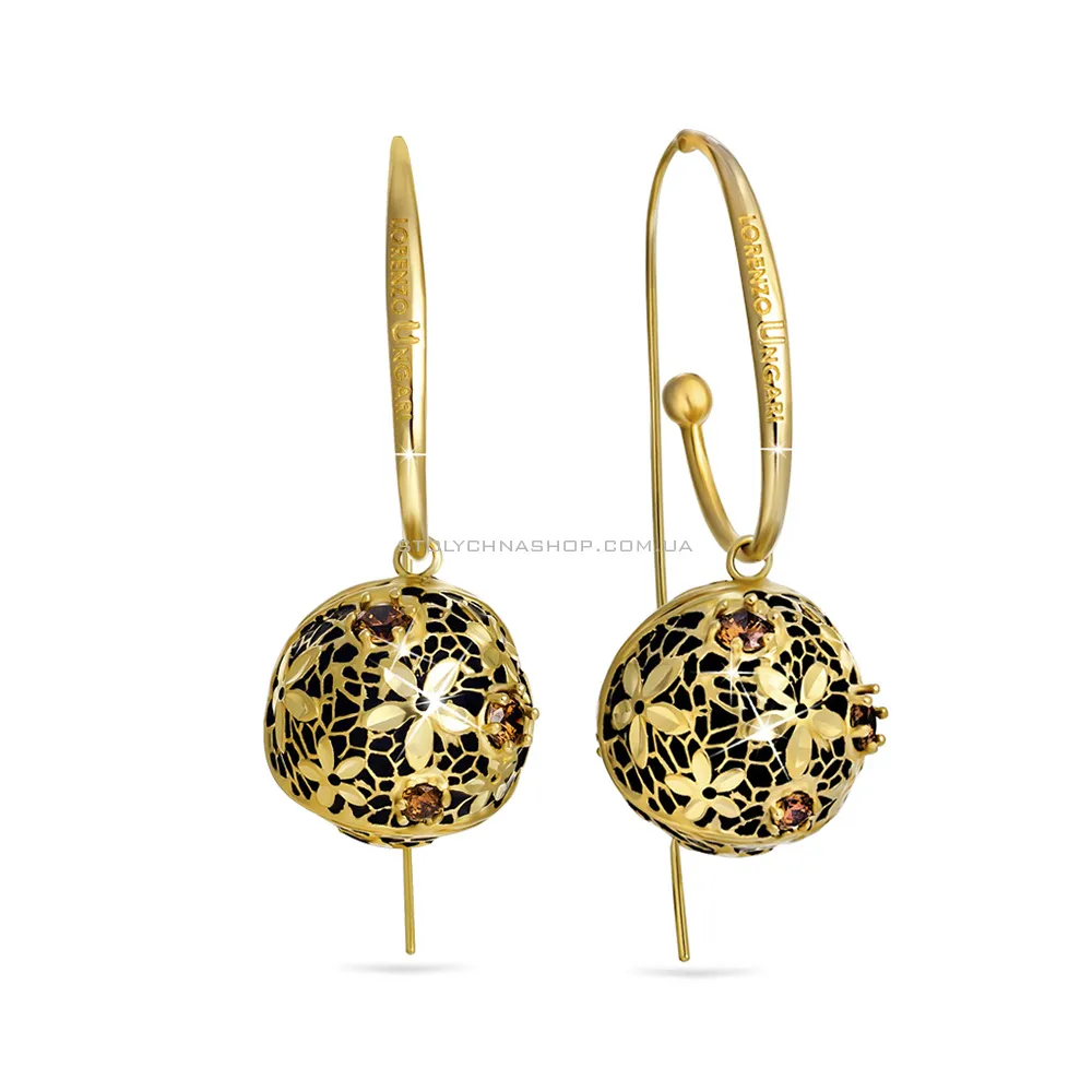 Золотые серьги-подвески Francelli с эмалью и фианитами (арт. 104849жеч) - 2 - цена