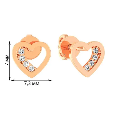 Серьги-пусеты &quot;Сердце&quot; из красного золота с фианитами  (арт. 110698)