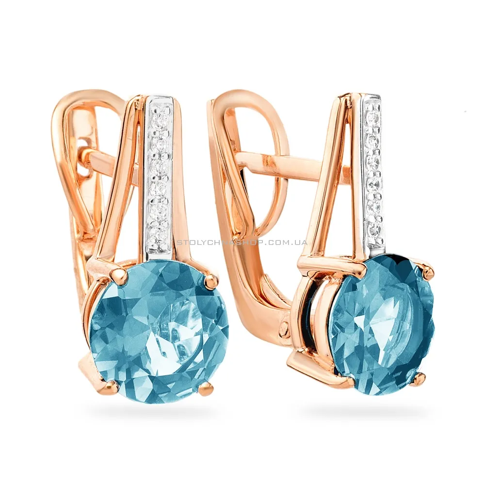Золоті сережки з блакитним кварцом і фіанітами (арт. 110394ПсГ) - цена