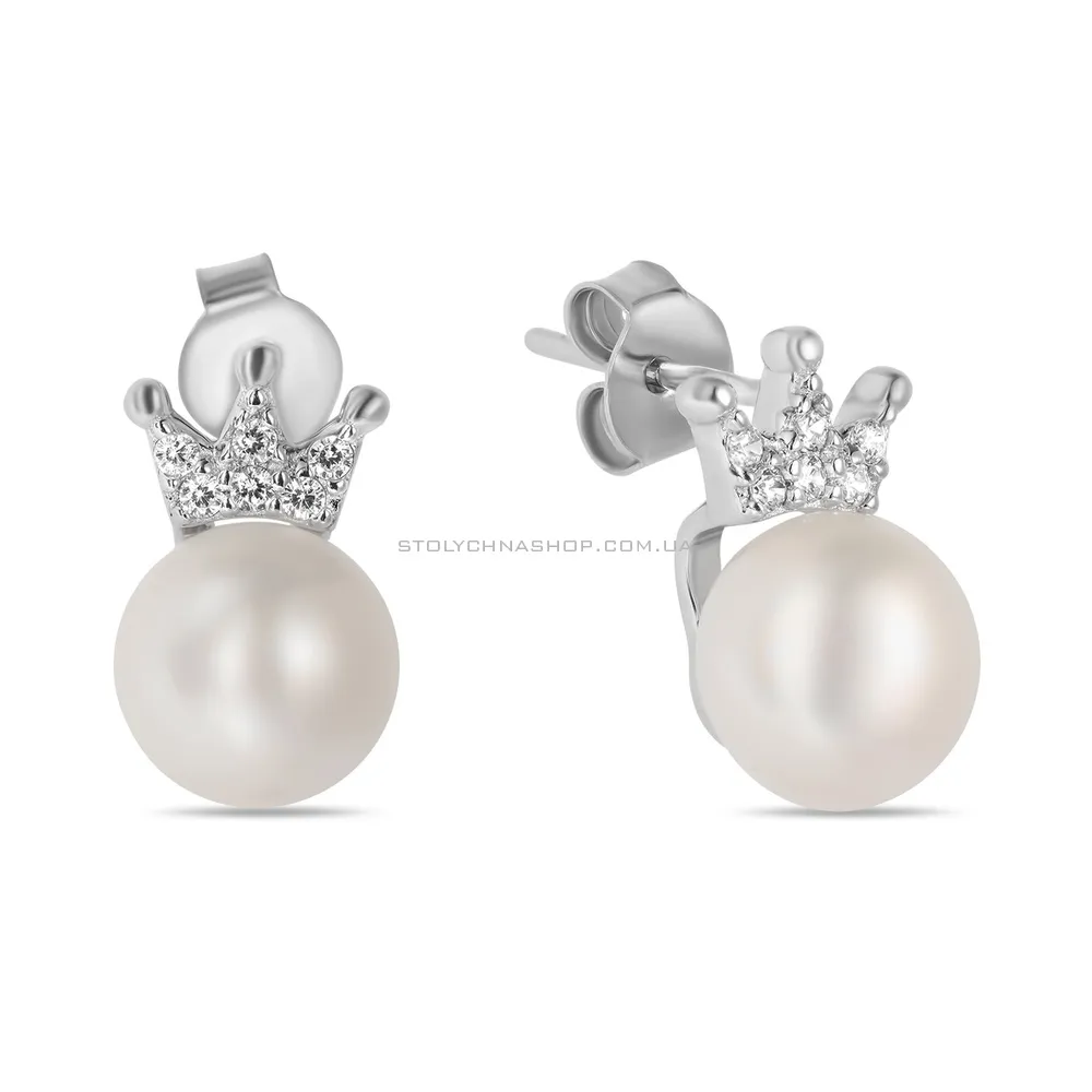 Срібні сережки-пусети з перлами і фіанітами (арт. 7518/5747жб) - цена
