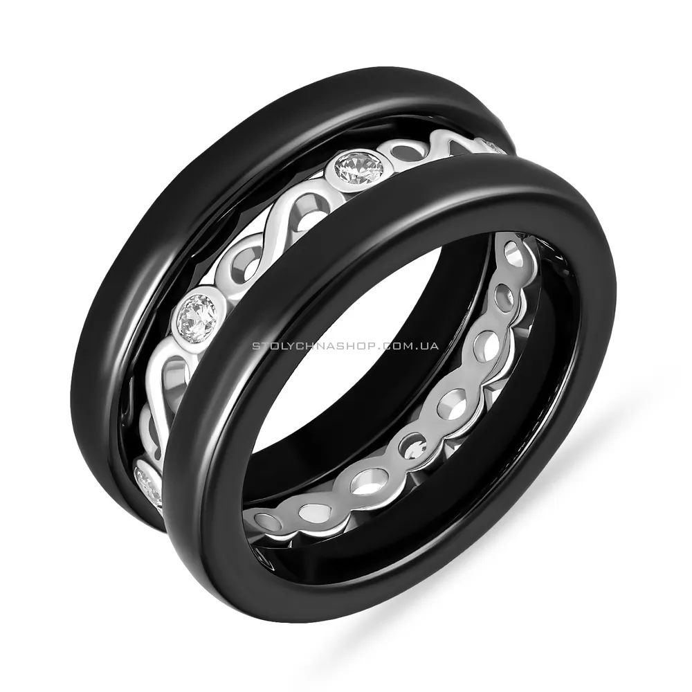 Тройное керамическое кольцо с серебром и фианитами  (арт. 7501/1629ч075) - цена