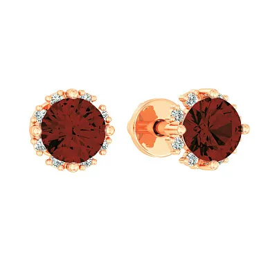 Сережки-пусети з червоного золота з гранатом та фіанітами (арт. 110637Пк)