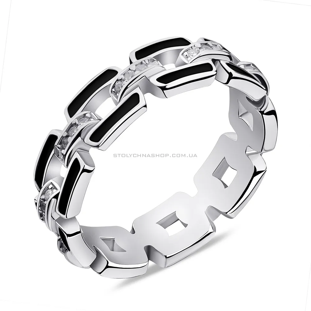 Серебряное кольцо Звенья с черной эмалью и фианитами (арт. 7501/6501еч)