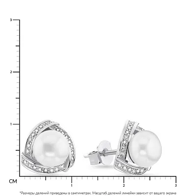 Срібні сережки-пусети з перлами і фіанітами  (арт. 7518/5985жб)