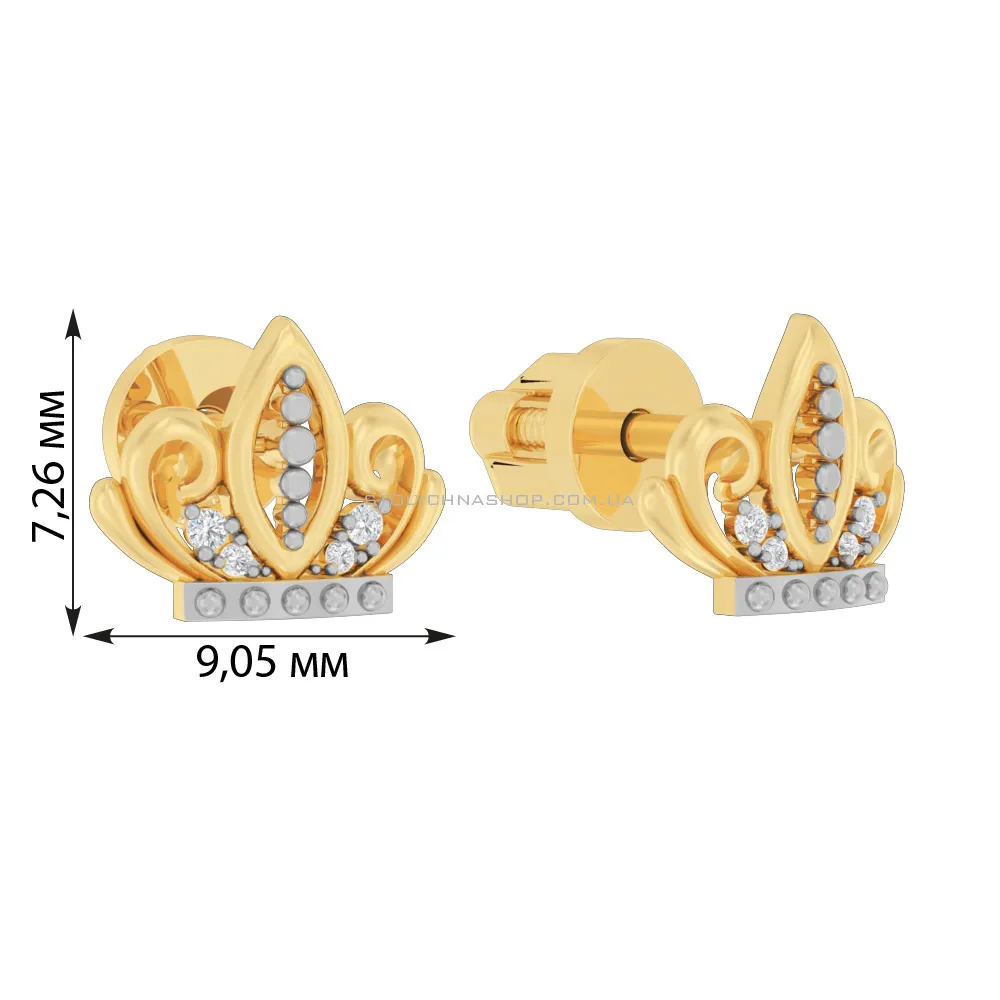 Золотые серьги пусеты «Корона» с фианитами (арт. 110469ж) - 2 - цена