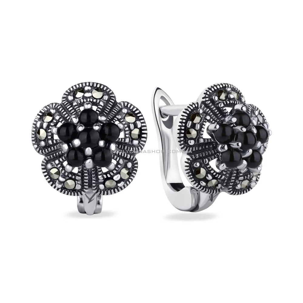 Сережки серебряные «Цветы» с ониксом  (арт. 7402/4085мрко) - цена