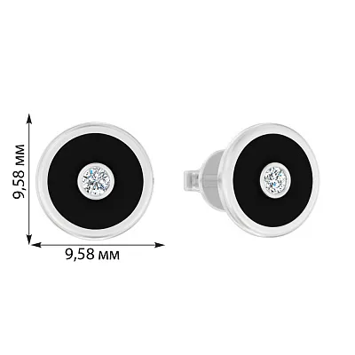 Сережки-пусети Лýна з білого золота з емаллю і фіанітами  (арт. 111176бч)