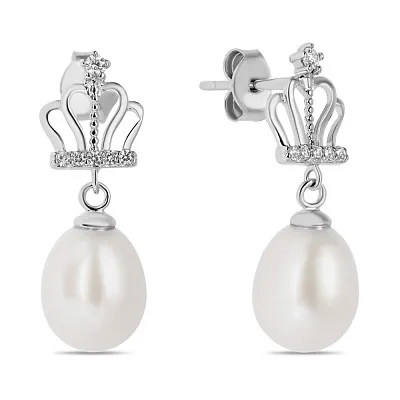 Срібні сережки-пусети «Корона» з перлами і фіанітами (арт. 7518/5760жб)