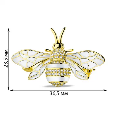 Срібна брошка з білою емаллю та фіанітами (арт. 7505/184жеб)