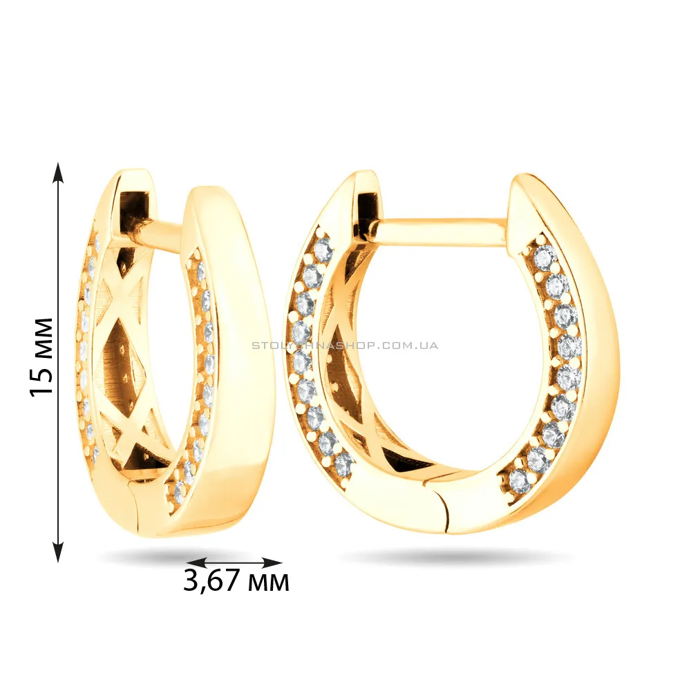Сережки-кольца из желтого золота с фианитами (арт. 107041/15ж) - 2 - цена