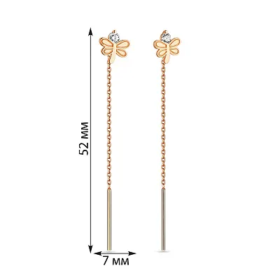 Золотые серьги протяжки «Стрекоза» с фианитами (арт. 108175)